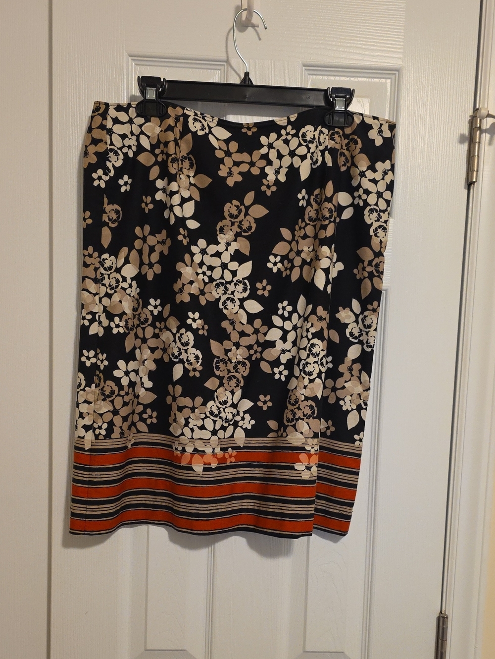 Bass Black Lined Pencil Skirt with Cream Floral and Rust-Striped Hem